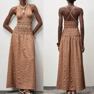Elegant Tan Halter Maxi Dress